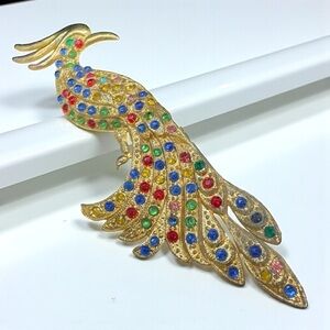 Vintage Art Deco Multicolored Rhinestone & Pot Metal Peacock Brooch